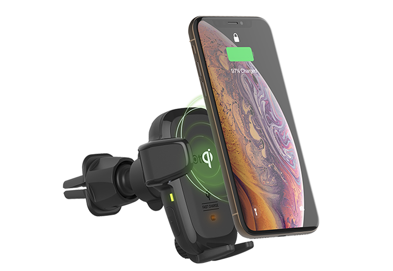 qi wireless charging a phone with the auto sense air vent mount, wireless charging phone mount