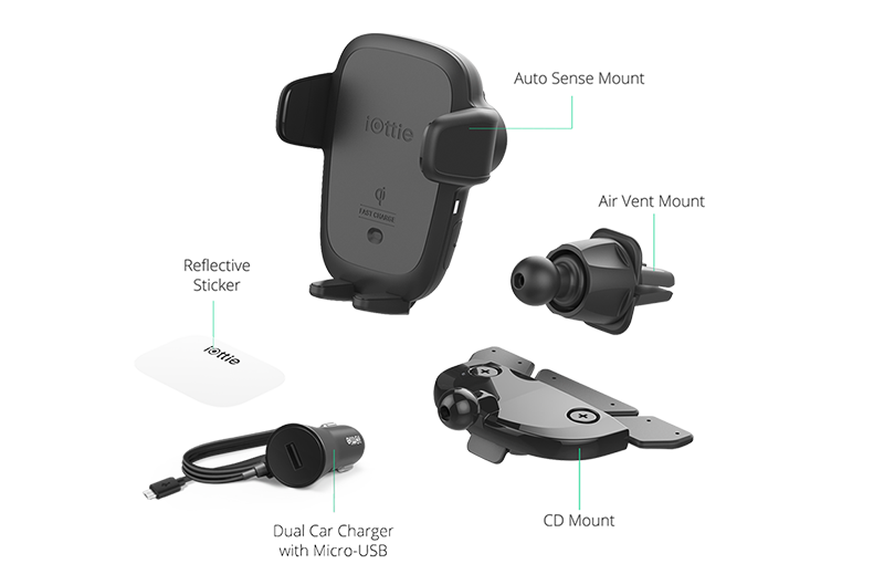 autosense_cd-vent_feature-image07 the auto sense phone mount includes air vent and cd slot attachments, reflective sticker, and adapter with cable