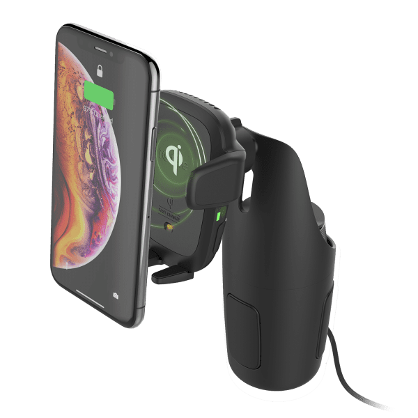 qi wirelessly charging with the auto sense cup holder mount