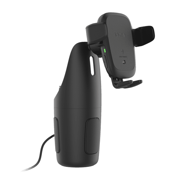 cord organizer hidden inside the auto sense cup holder mount, wirelessly charging phone mount, cup holder car mount