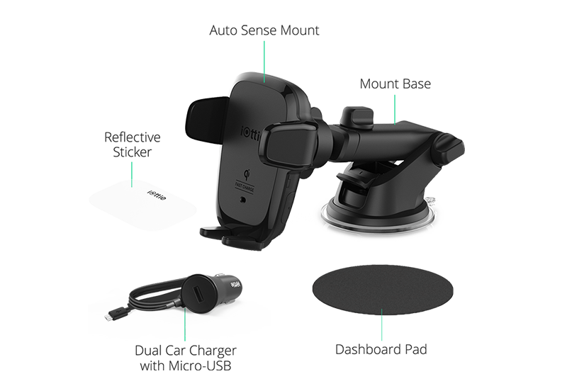 the auto sense dash & windshield mount includes a dash pad and power adapter with cable