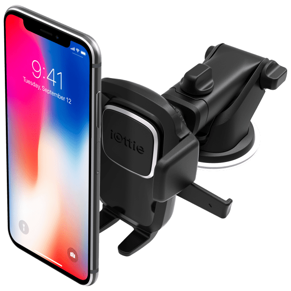 phone mounted on the iOttie Easy One Touch 4 Dash & Windshield universal car mount phone holder for iPhone, Samsung, Moto, Huawei, Nokia, LG, Smartphones, Google smartphones