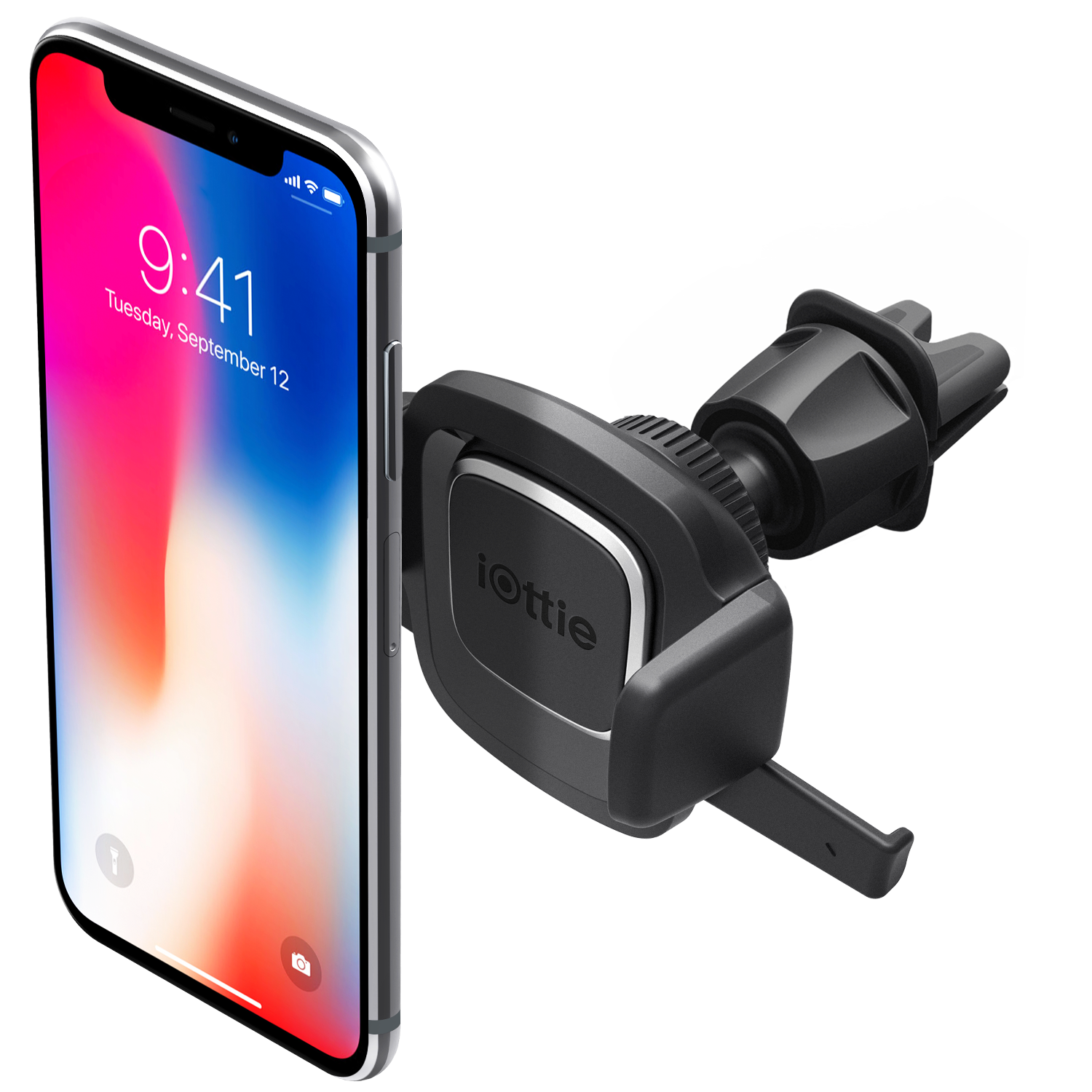 iPhone mounted on the iOttie Easy One Touch 4 Air Vent Universal Car Mount Phone Holder for iPhone, Samsung, Moto, Huawei, Nokia, LG, Google Smartphones