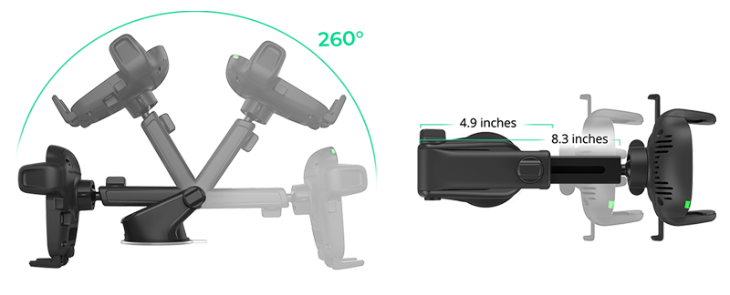 telescopic arm extending and rotating to show full range of motion for the easy one touch wireless 2 dash & windshield mount