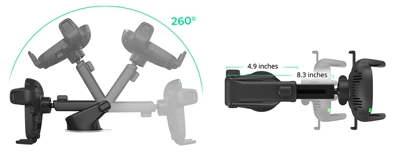 eotw2_dash_feature-image03_260 telescopic arm extending and rotating to show full range of motion for the easy one touch wireless 2 dash & windshield mount