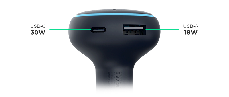 iottie.com-aivo-boost_detail_dual-ports USB-C and USB-A charging ports, fast charging car charger, Aivo Boost dual port car charger