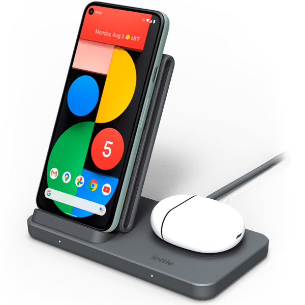 Google Pixel and Pixel Buds Wirelessly Charging on the iON Wireless Duo Stand Made for Google, Dual Charging Stand