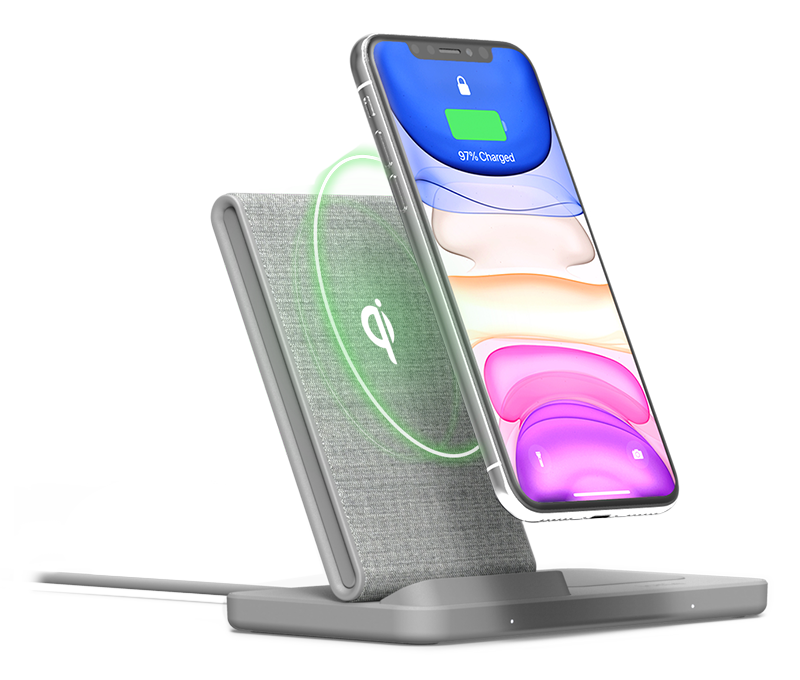 iON Wireless Duo Stand in Light Gray Fast-Charging iPhone via Qi Wirelessly Charging