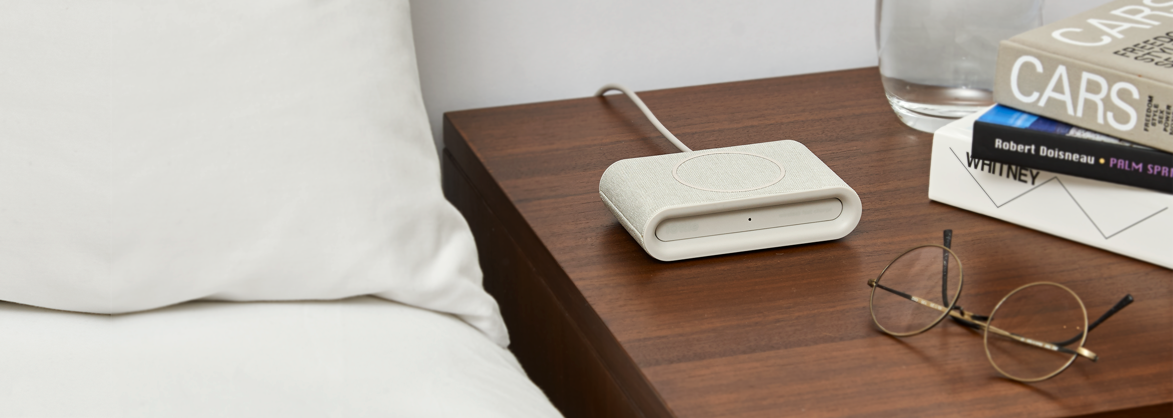 iottie.comionw-plus_ivory_lifestyle iON Wireless Plus Charging Pad in Ivory on Bedside Table