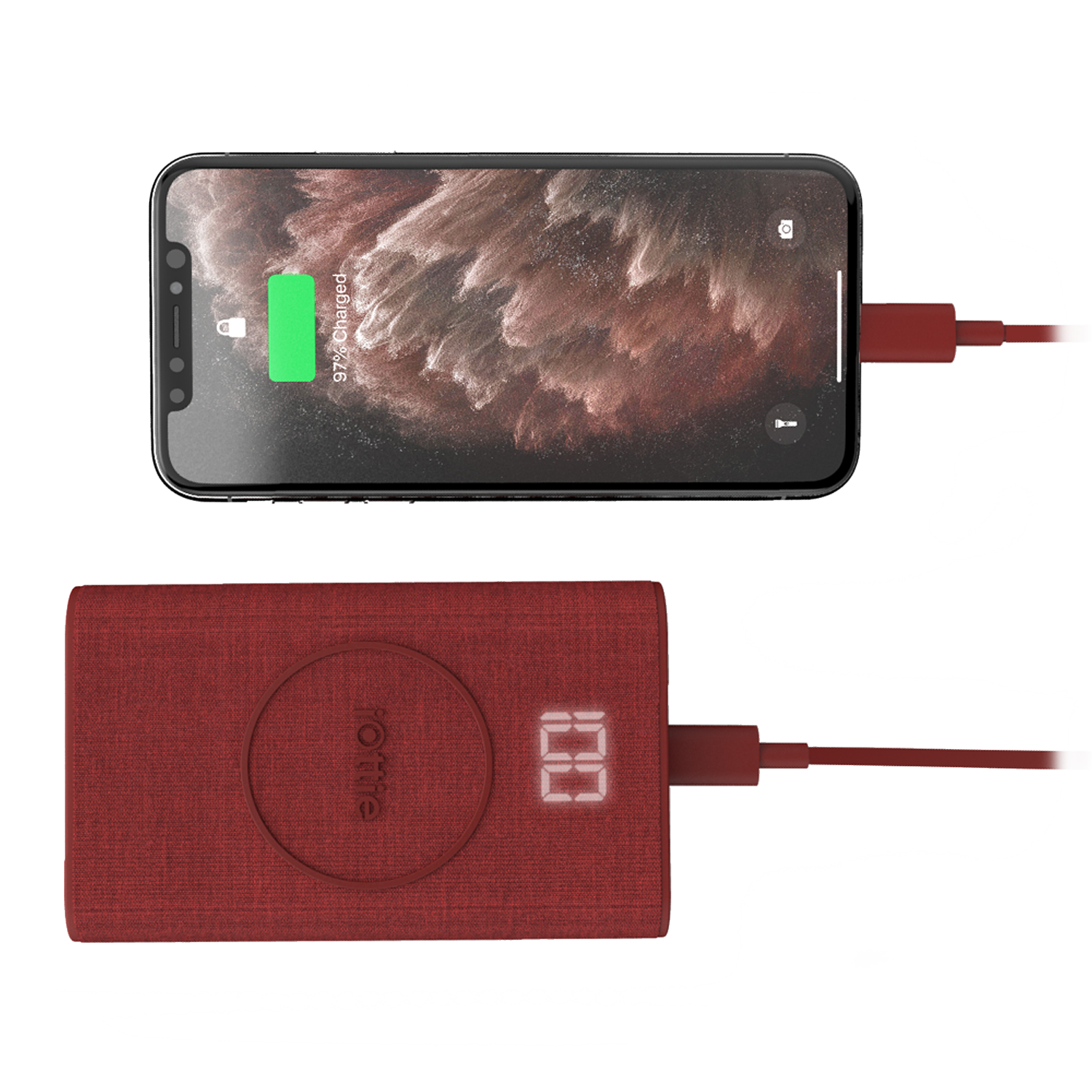 iPhone Charging on the iON Wireless Go Power Bank in Ruby, Portable Battery Pack via USB
